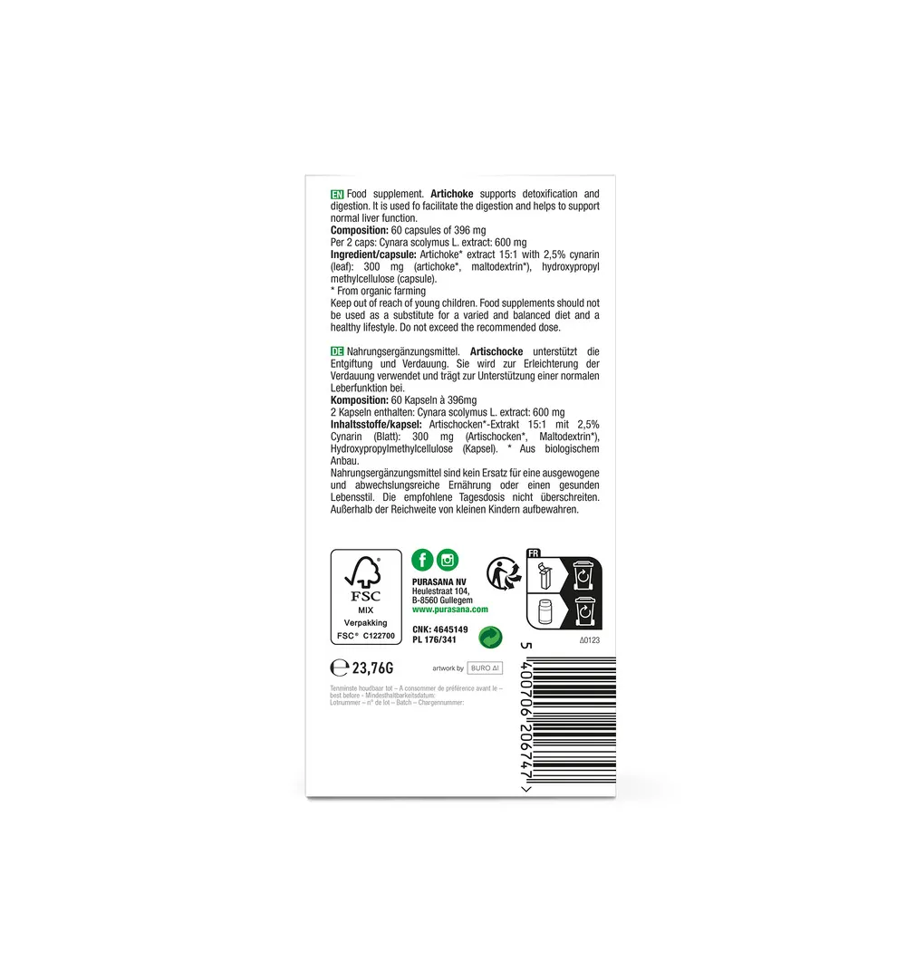 Purasana Artisjok Extract 300 mg (60 vega capsules) - image 3