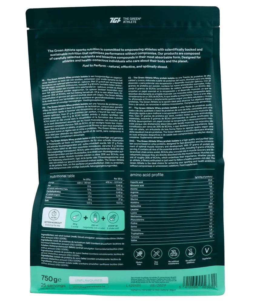 The Green Athlete Whey Protein Isolate Unflavoured Poeder (750 gr)