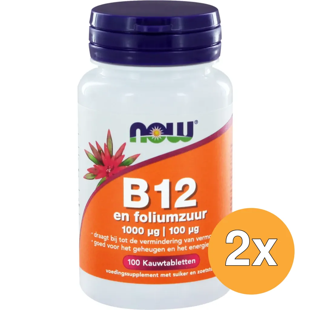 2x Now Vitamine B12 1000 mcg en Foliumzuur 100 mcg (100 kauwtabletten)