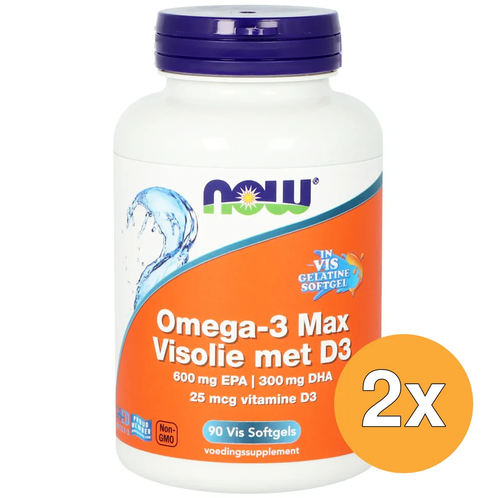 2x NOW Omega-3 Max Visolie met D3 600 mg EPA 300 mg DHA