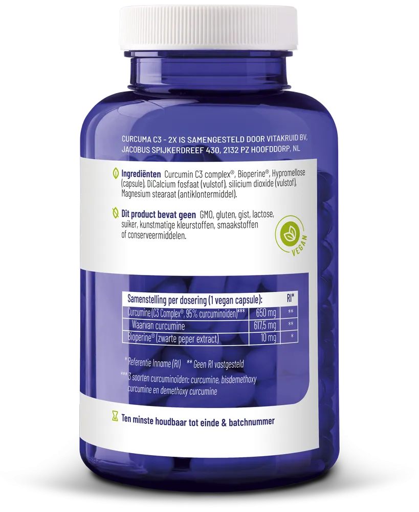 Vitakruid Curcuma C3-2X (95% Curcuminoïden) met Bioperine® 120 (120 vega capsules) - image 2