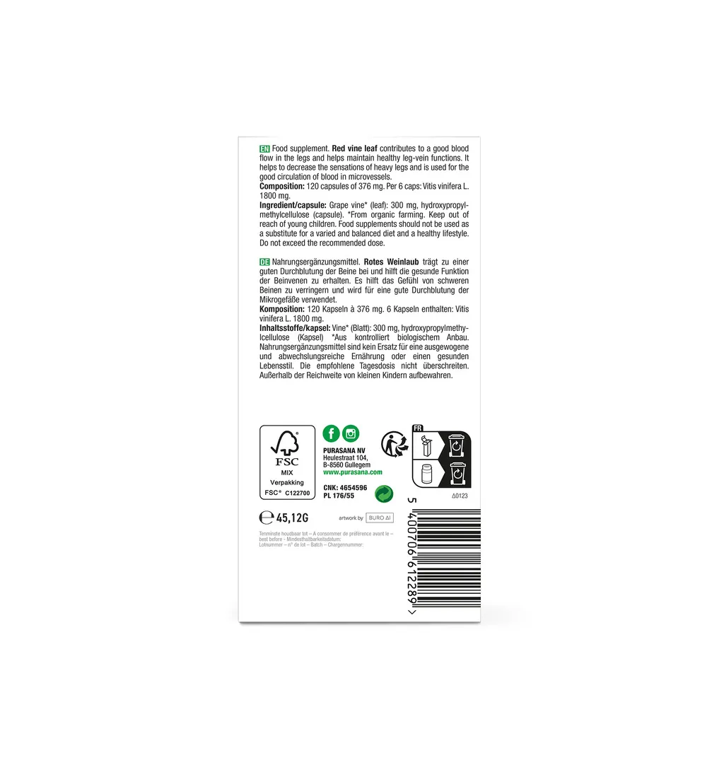 Purasana Rode Wijnstok/Vigne Rouge Vegan Bio (120 vega capsules) - image 3