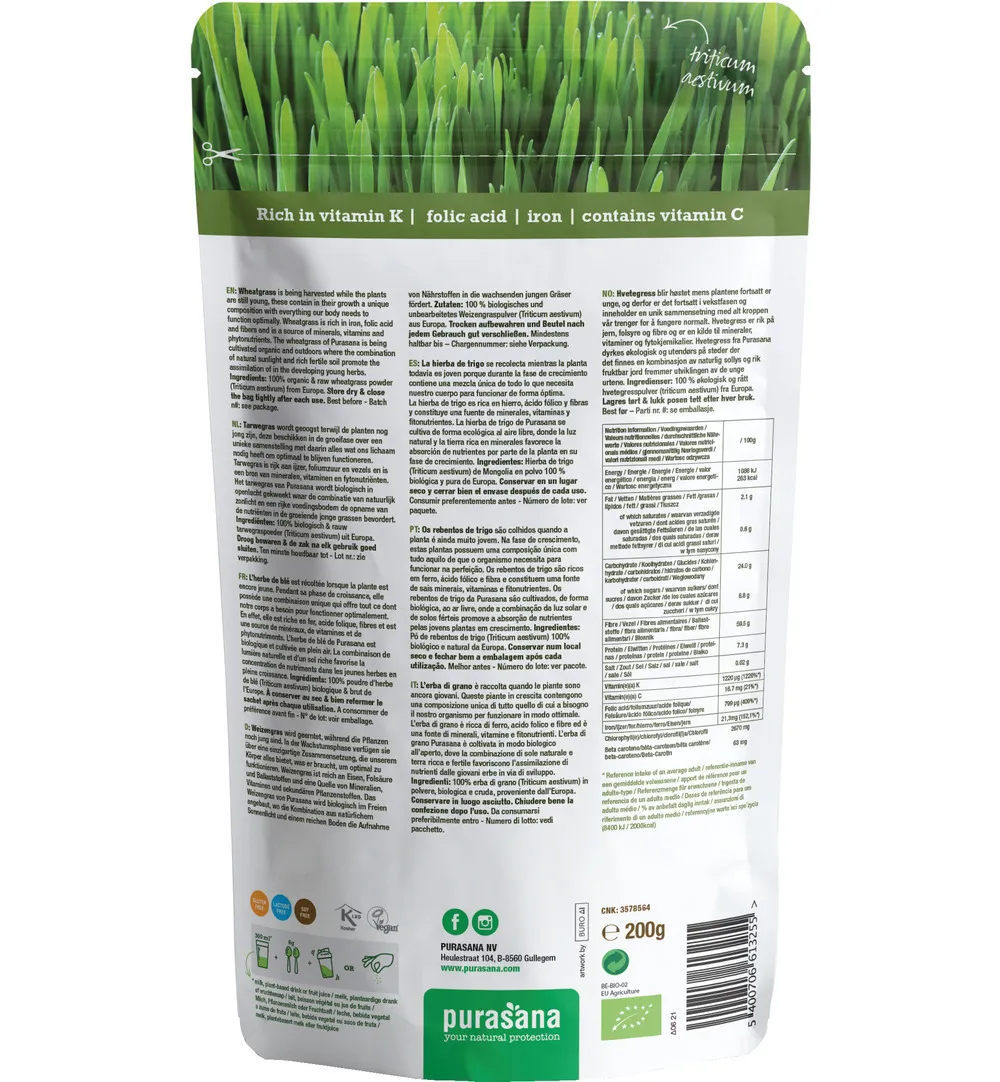 Purasana Tarwegras Poeder/Poudre Herbe De Ble Vegan Bio (200 gr)