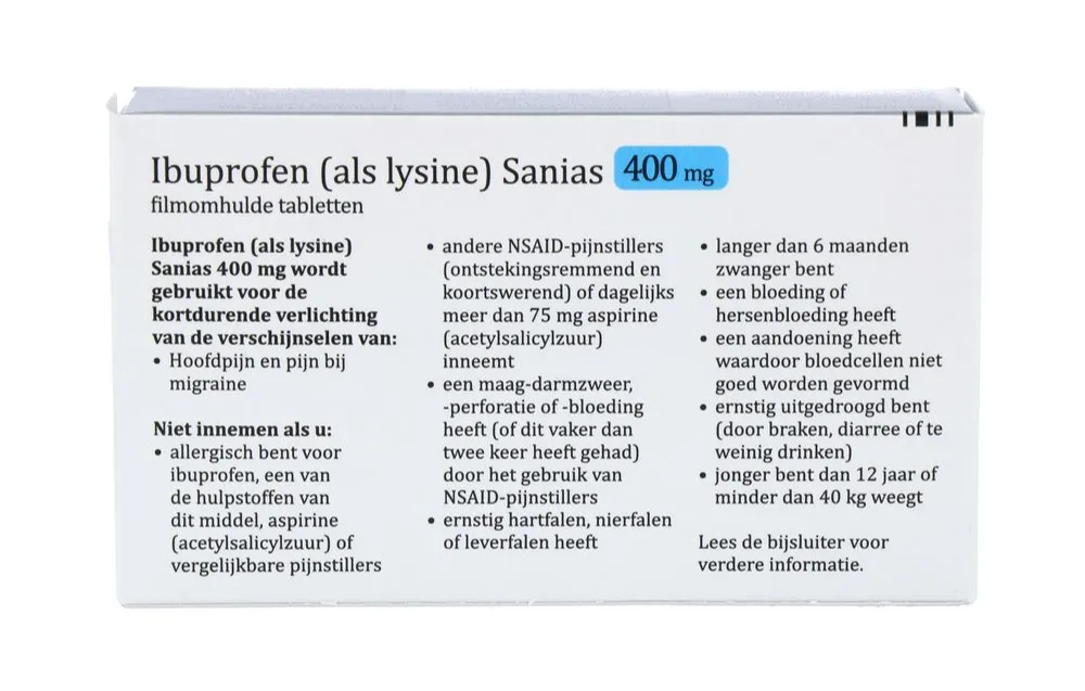 Ibuprofen (als Lysine) Sanias 400mg Tabletten (20 tabletten) - image 2