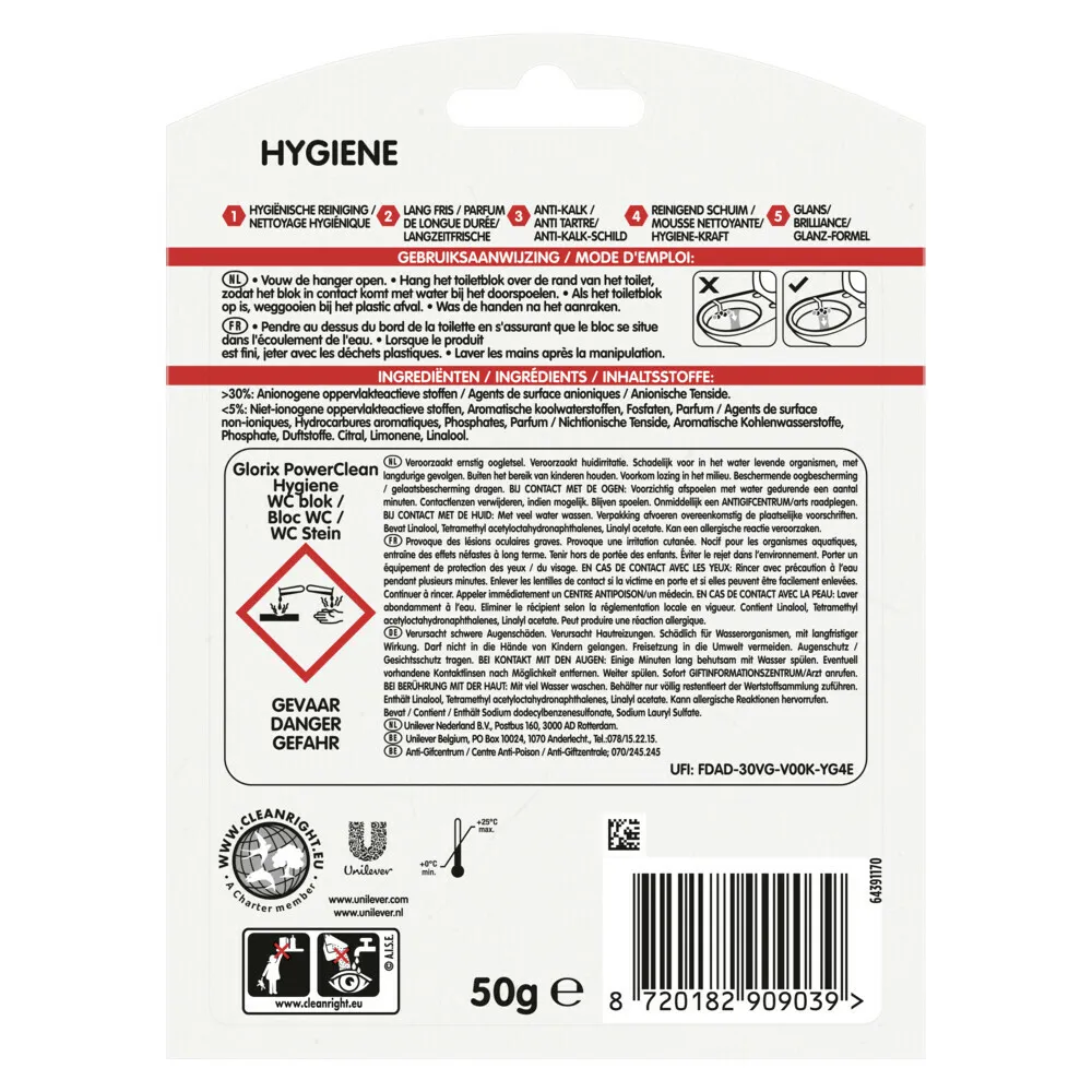Glorix Toiletblok Power Clean Hygiëne (1 stuk)