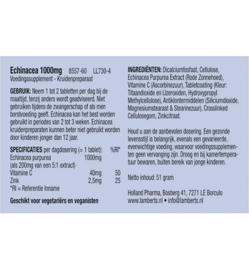 Lamberts Echinacea 1000Mg Met Zink En Vitamine C (60 Tabletten)