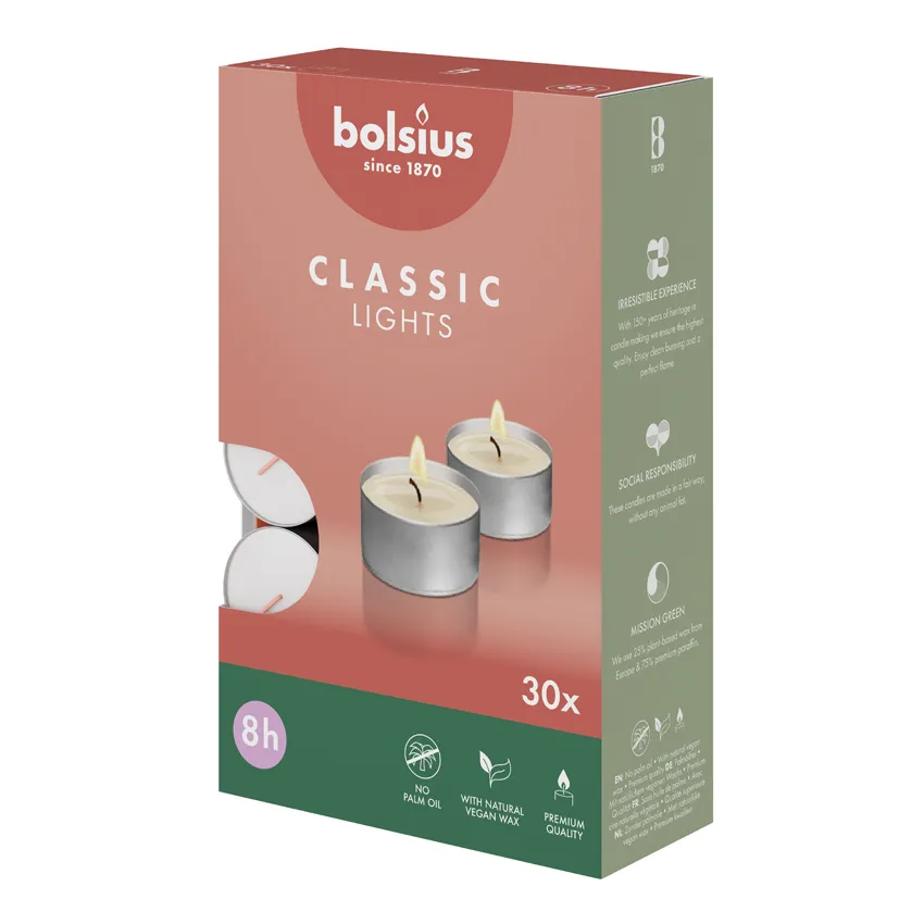 Bolsius Theelichten 8-Uur Wit (30 stuks)