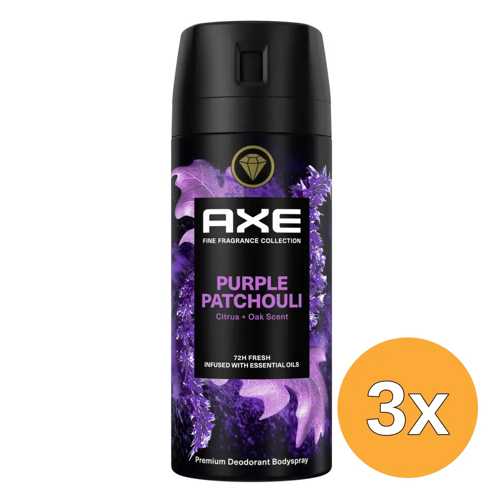 3x Axe Body Spray Purple Patchouli (150 ml)