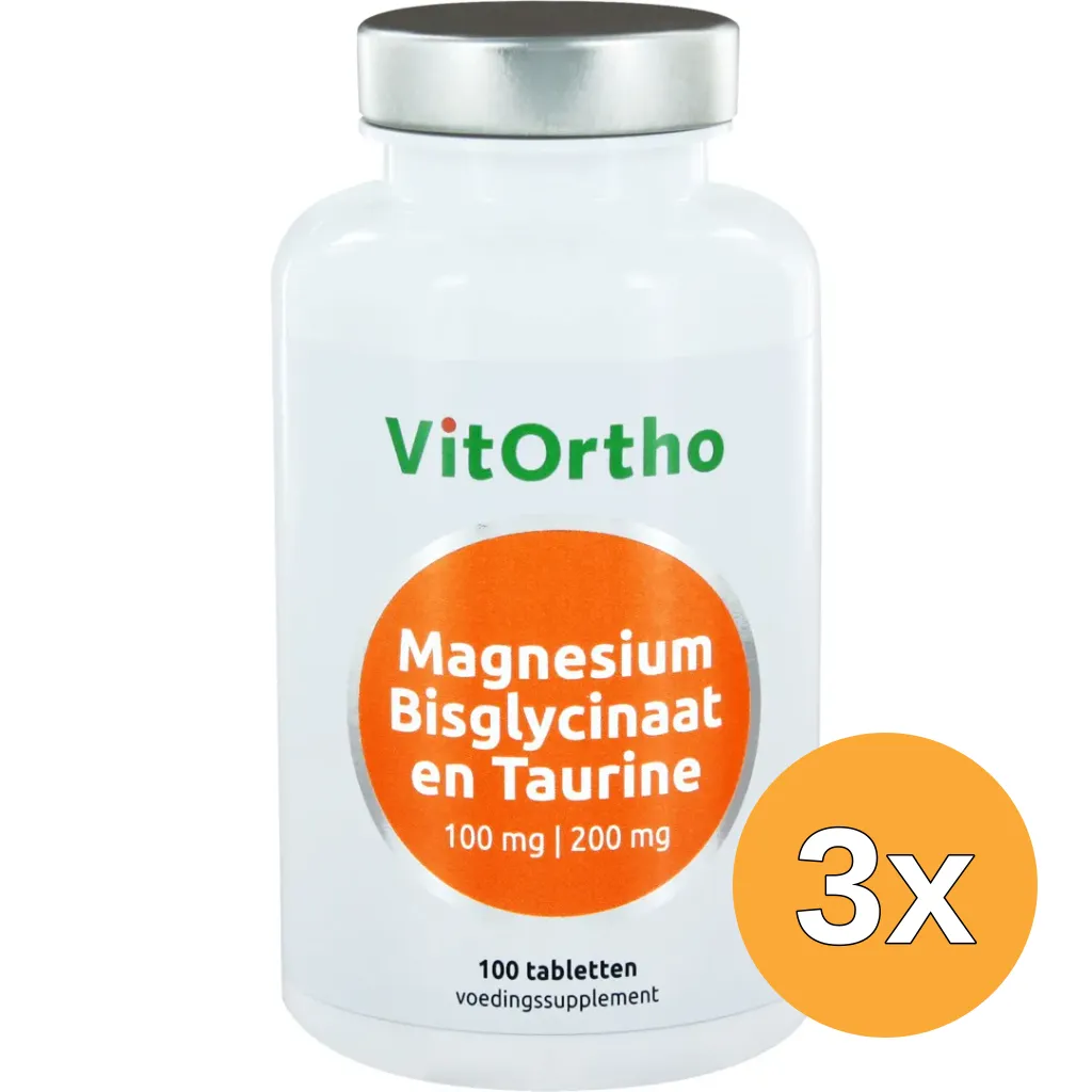 3x VitOrtho Magnesium bisglycinaat 100 mg en taurine 200 mg (100 tabletten)