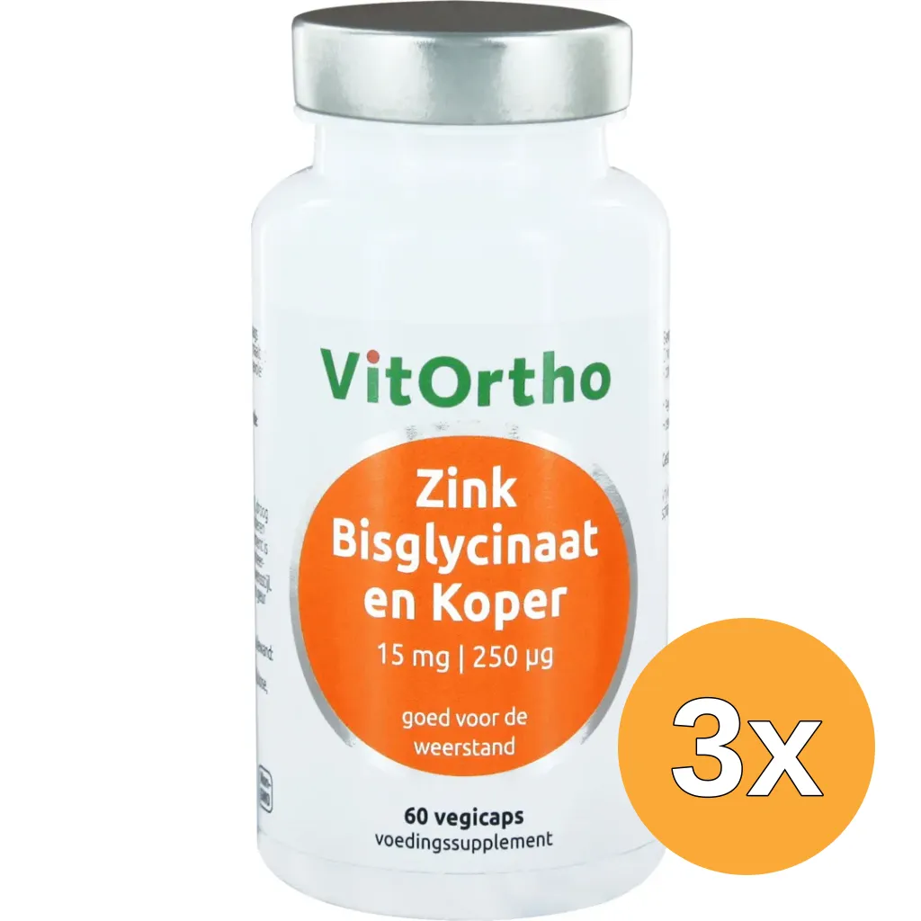 3x VitOrtho Zink bisglycinaat 15mg en koper 250mcg (60 vega capsules)