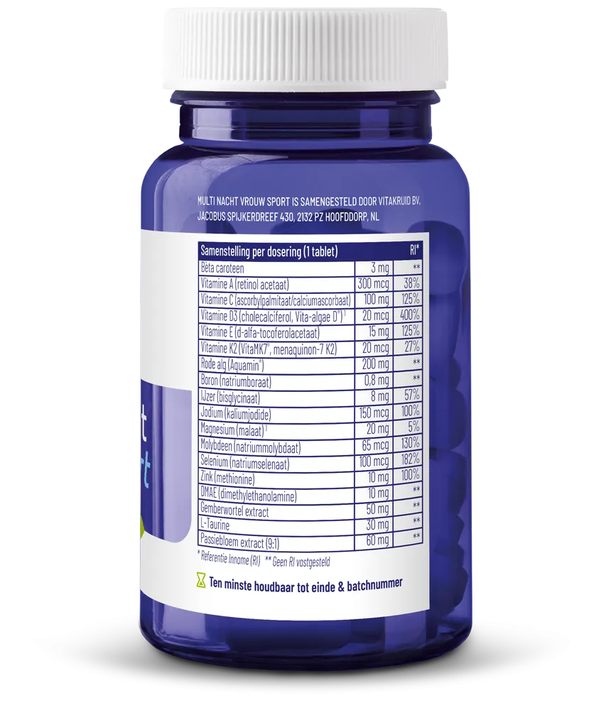 Vitakruid Multi Nacht Vrouw Sport 100% Vegan (30 tabletten) - image 2