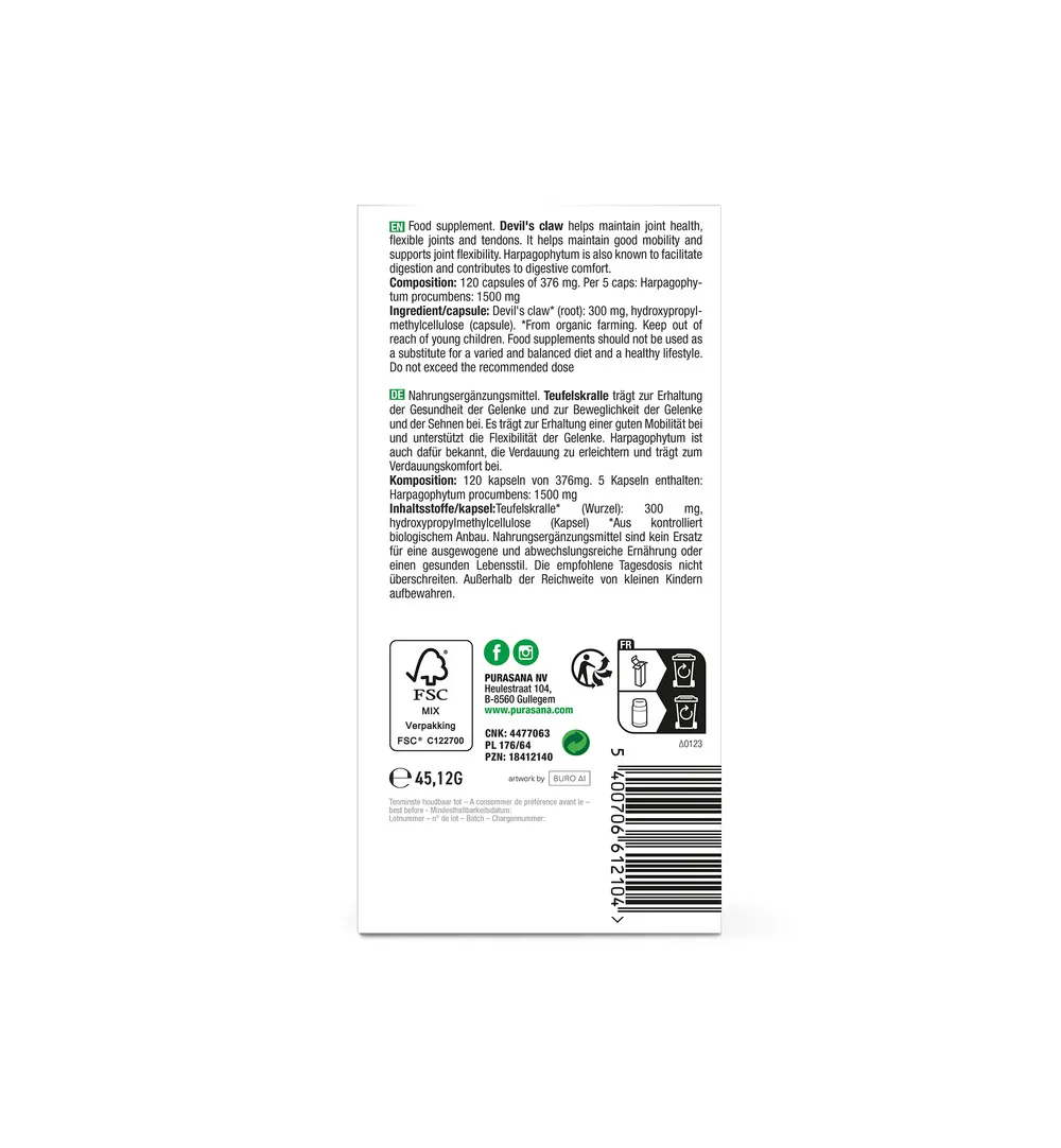 Purasana Duivelsklauw/Harpagophytum Vegan Bio (120 vega capsules) - image 3