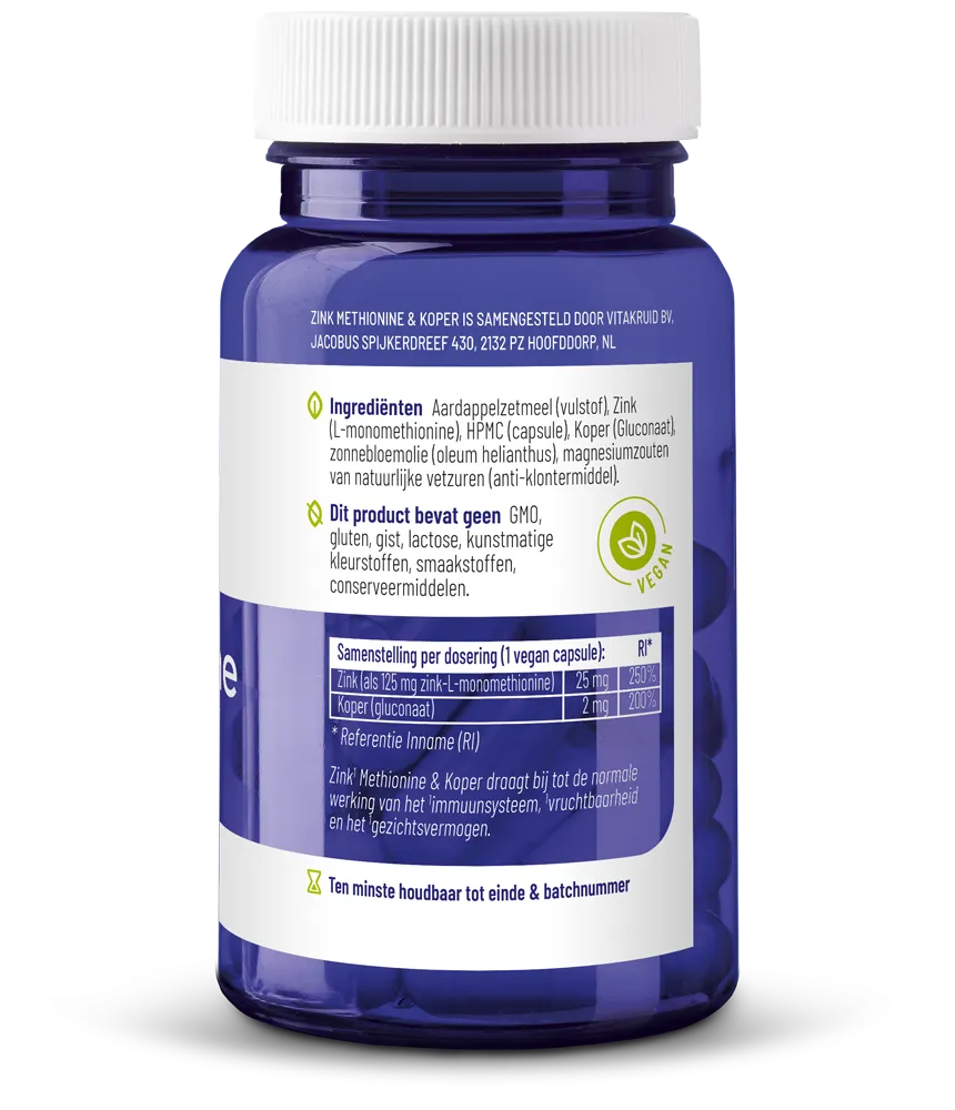 Vitakruid Zink Methionine & Koper Gluconaat (90 vega capsules)