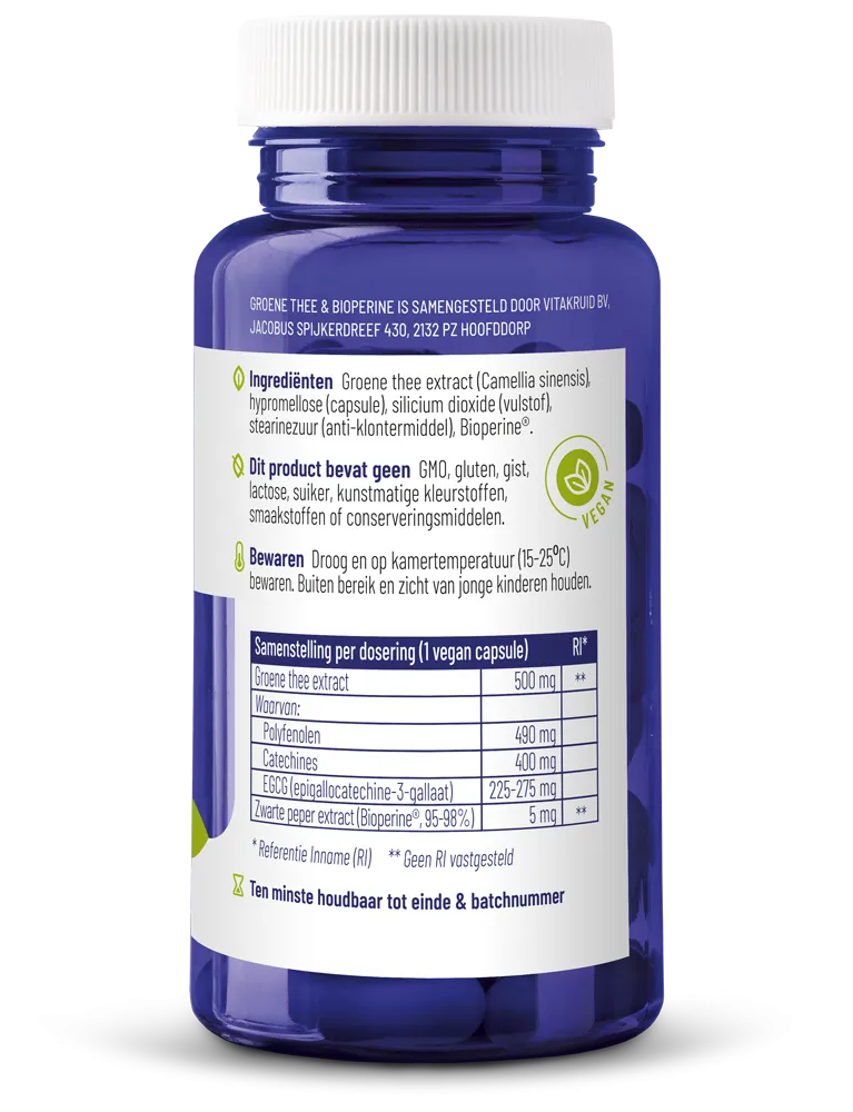 Vitakruid Groene Thee & Bioperine® >50% EGCG >80% Catechines (60 vega capsules) - image 2