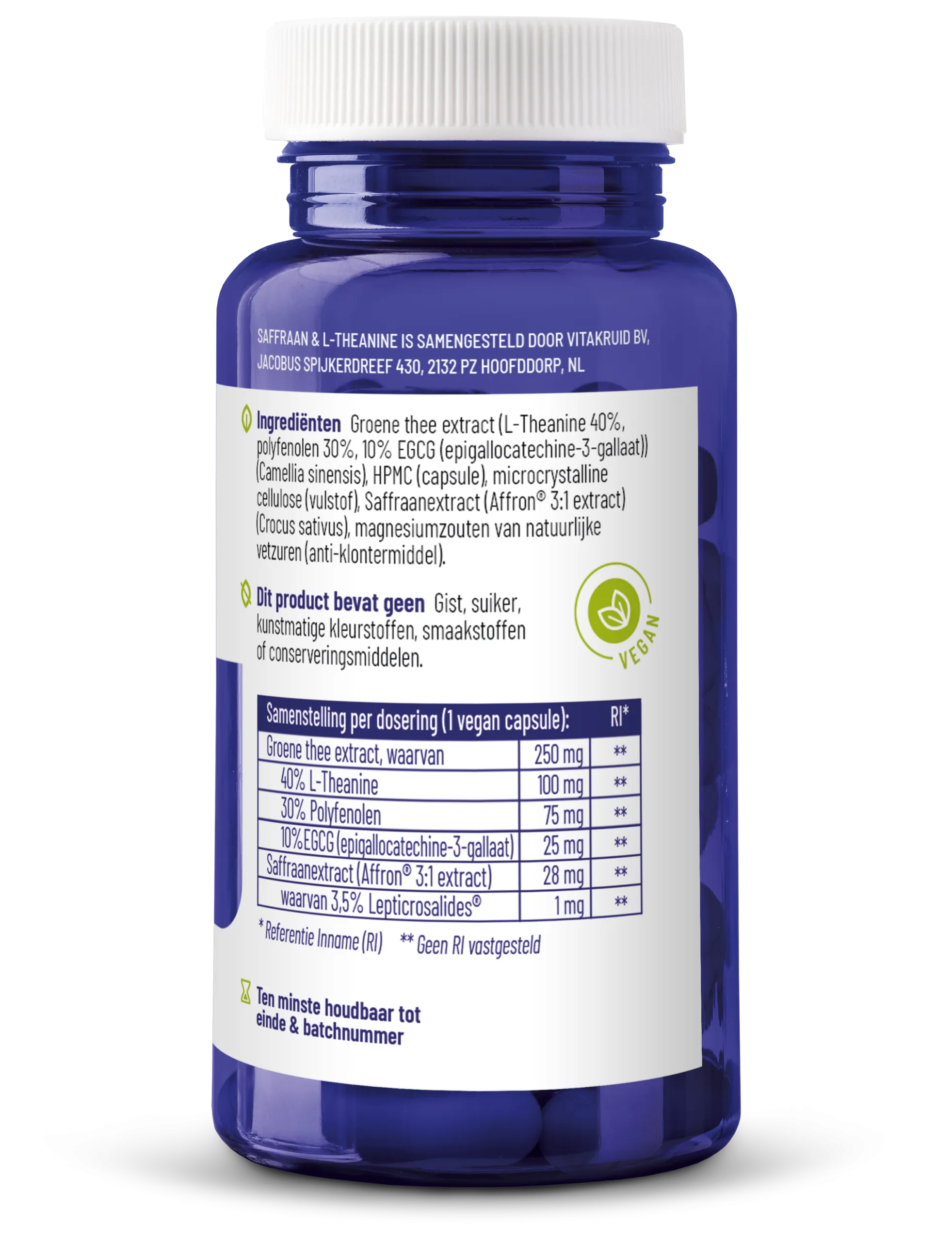 Vitakruid Saffraan 28 mg (Affron®) & L-Theanine Groene Thee (90 vega capsules) - image 2