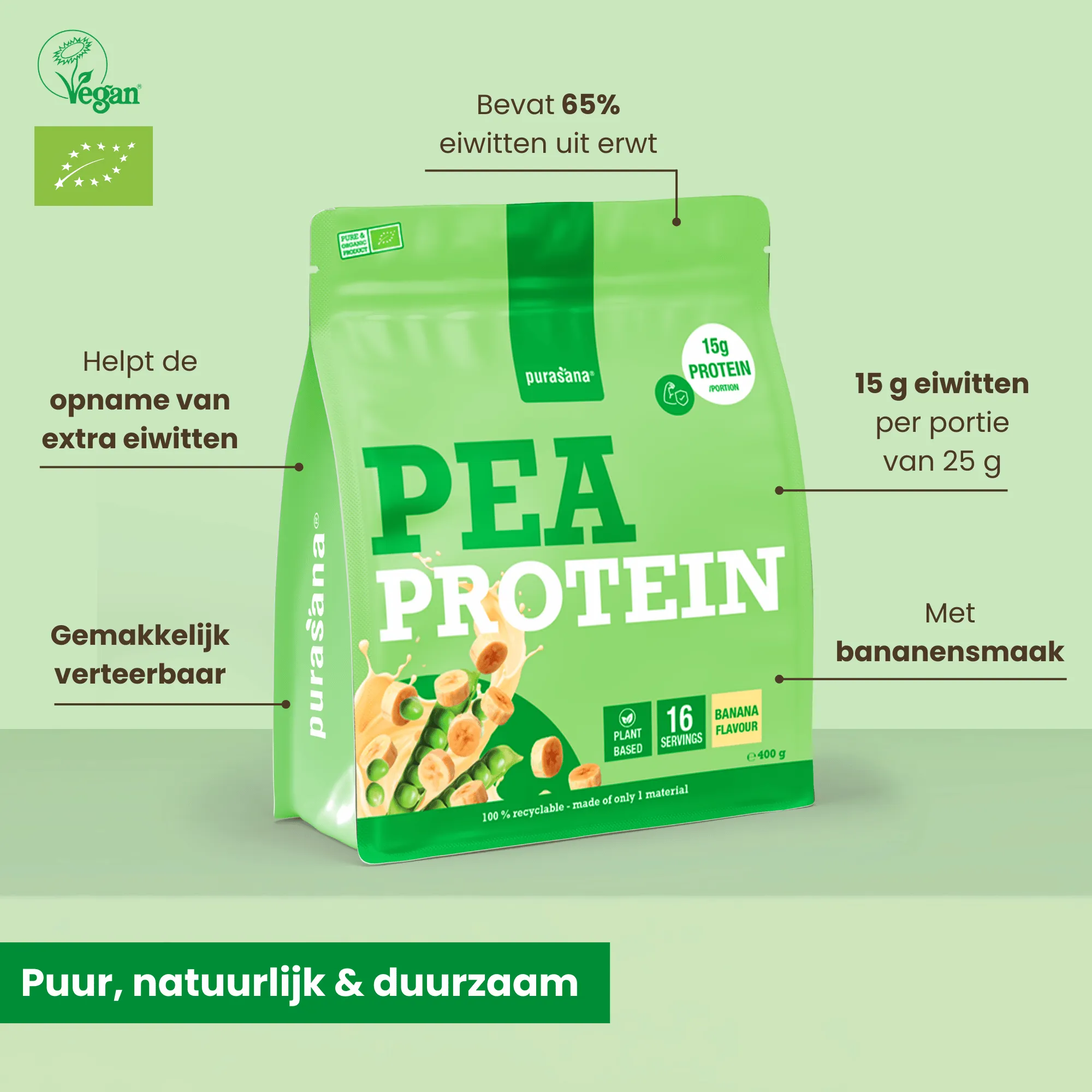 Purasana Plant Protein Erwt Banaan Bio (400 gr) - image 3