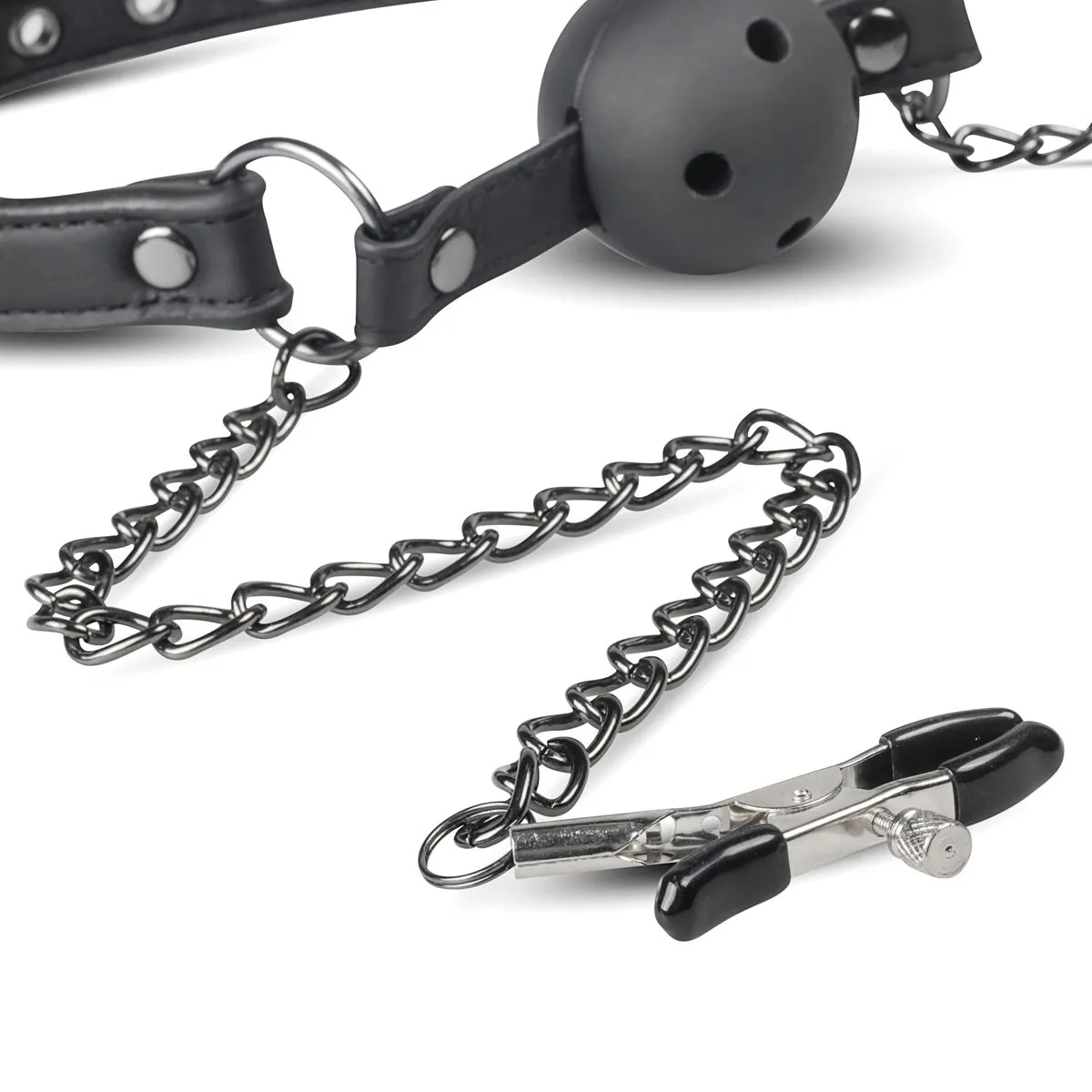 Easytoys Fetish Collection - Open Ball Gag with Nipple Clamps Zwart (1 stuk)