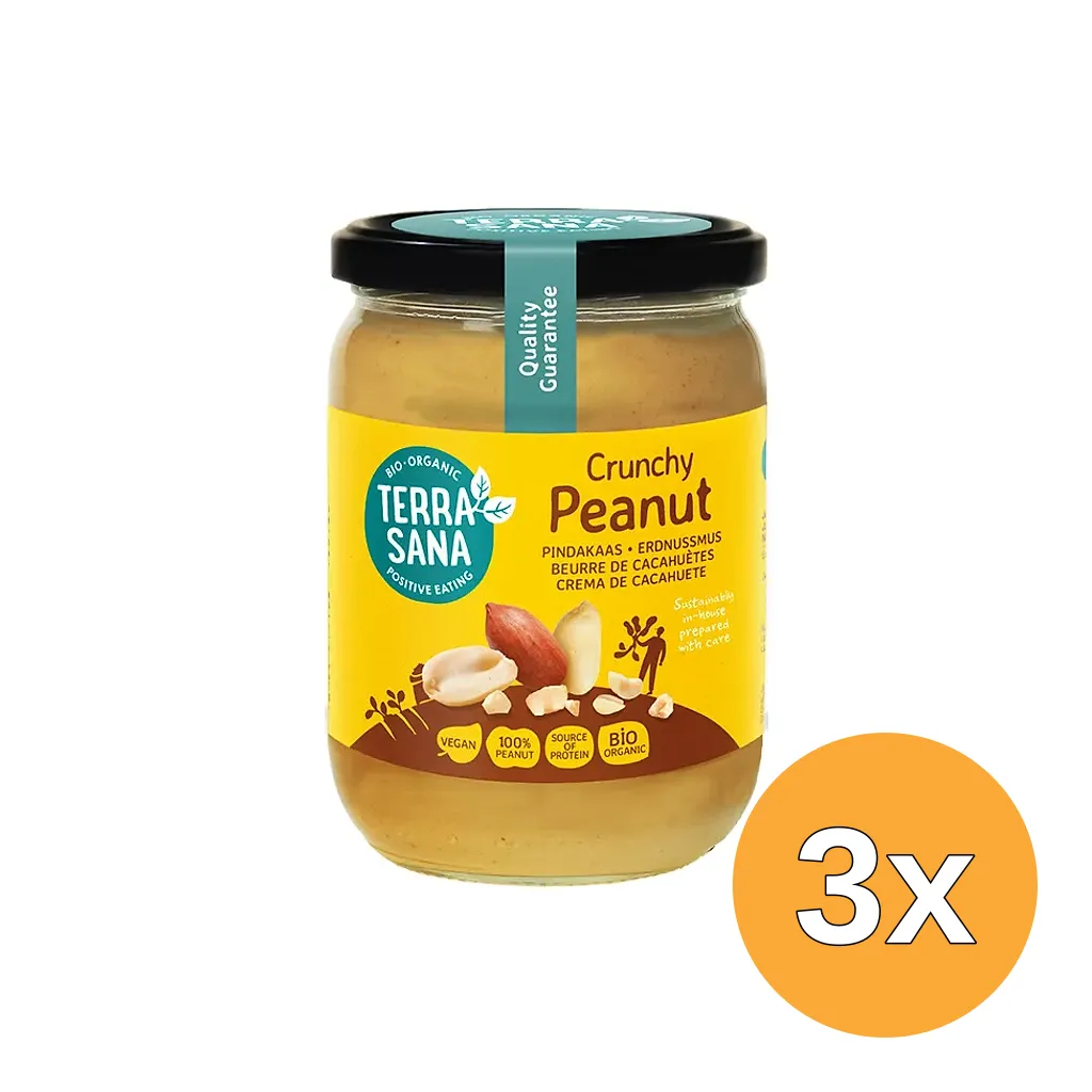 3x TerraSana Pindakaas crunchy zonder zout bio (500 gr)