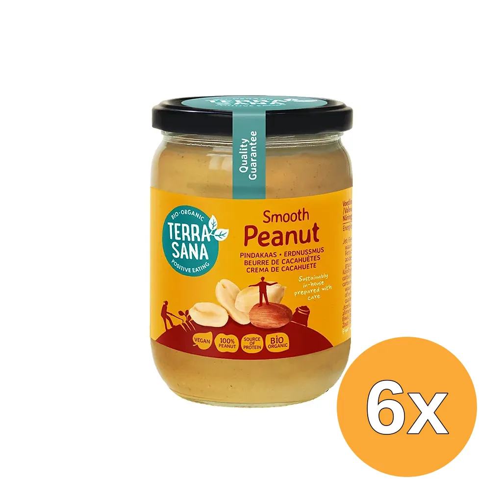 6x TerraSana Pindakaas fijn zonder zout bio (500 gr)