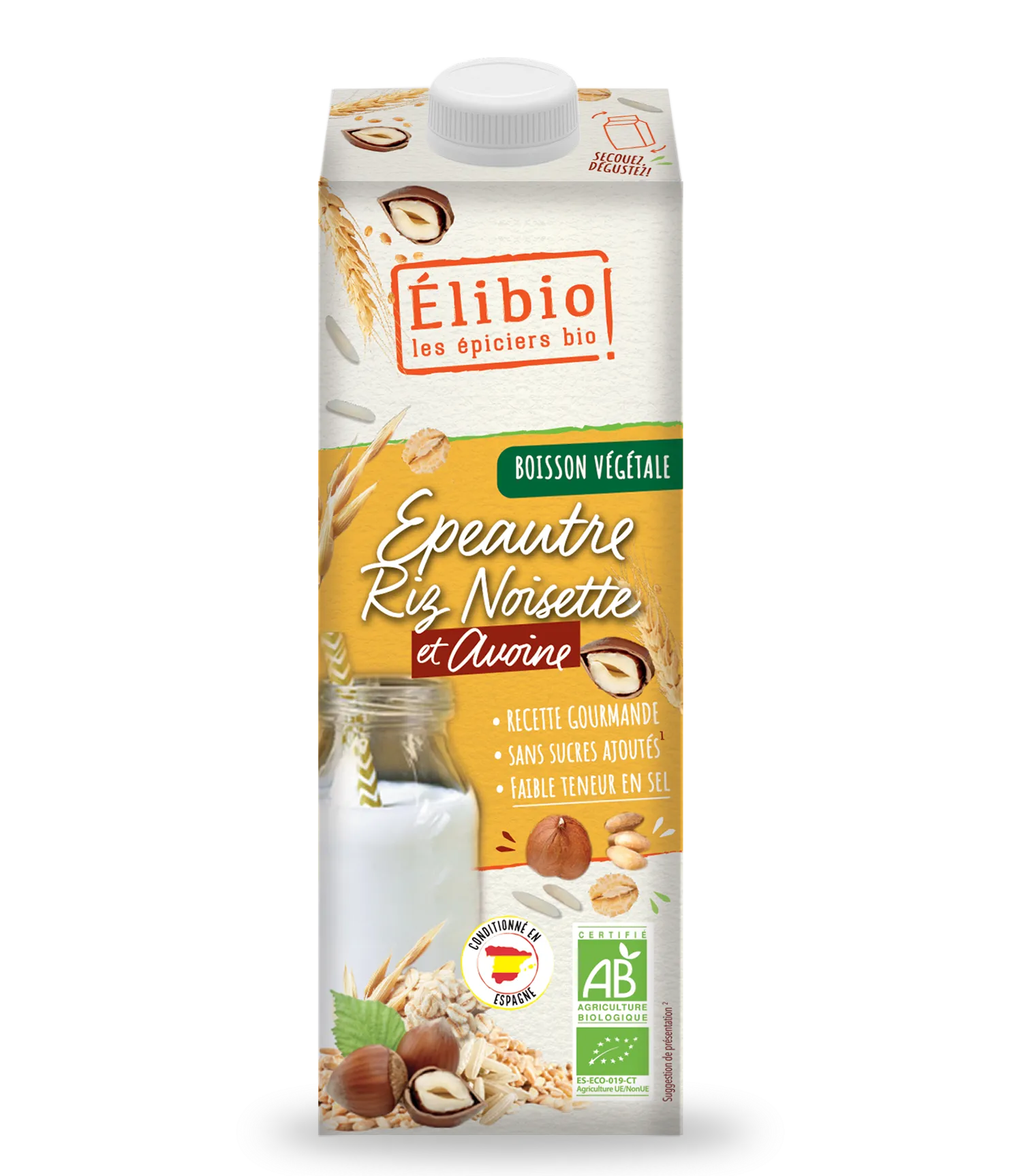 Elibio Élibio Spelt Hazelnoot Rijst en Haver Drink zonder Suiker Bio (1000 ml)
