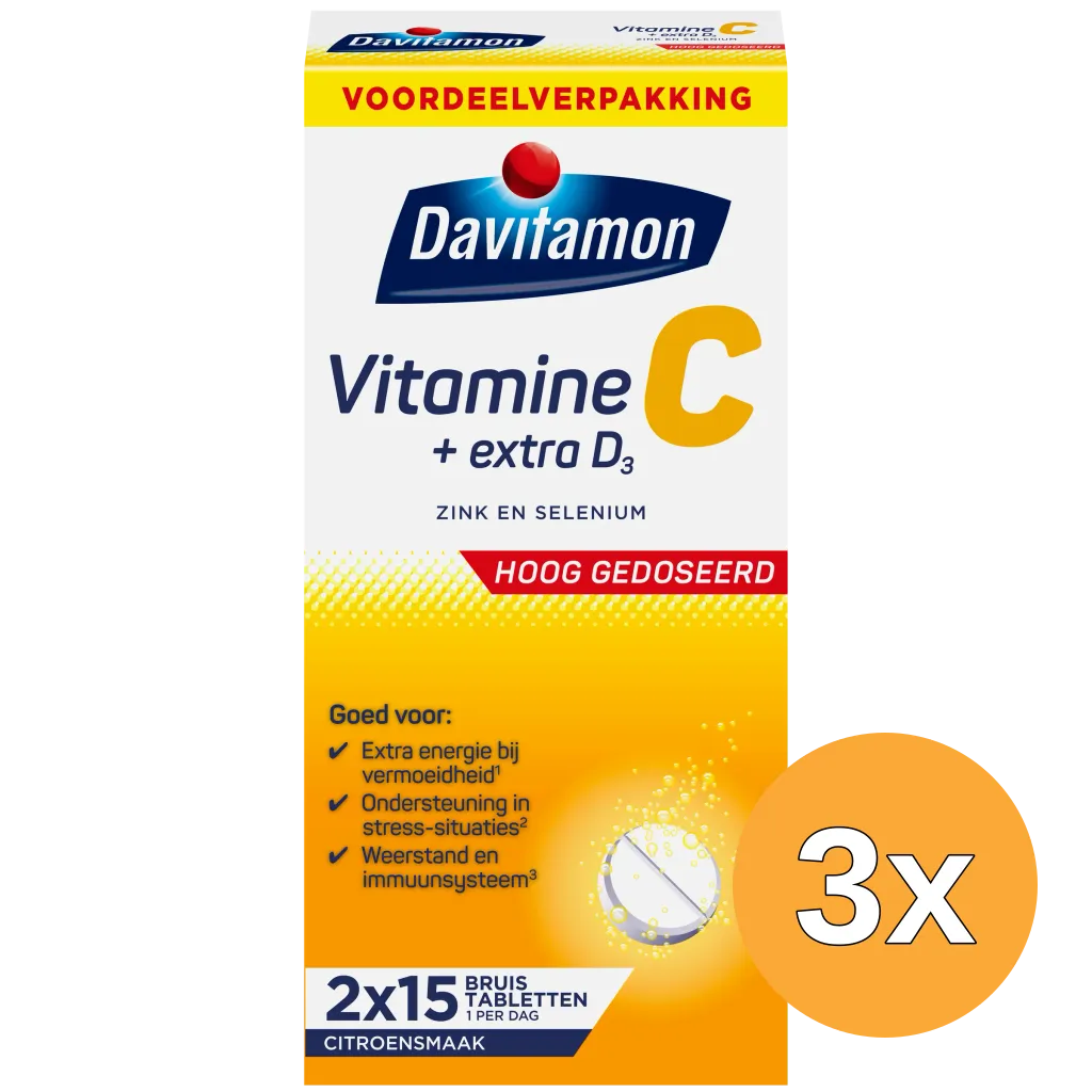 3x Davitamon Vitamine C + Extra D3 Bruistabletten Citroensmaak (30 tabletten)