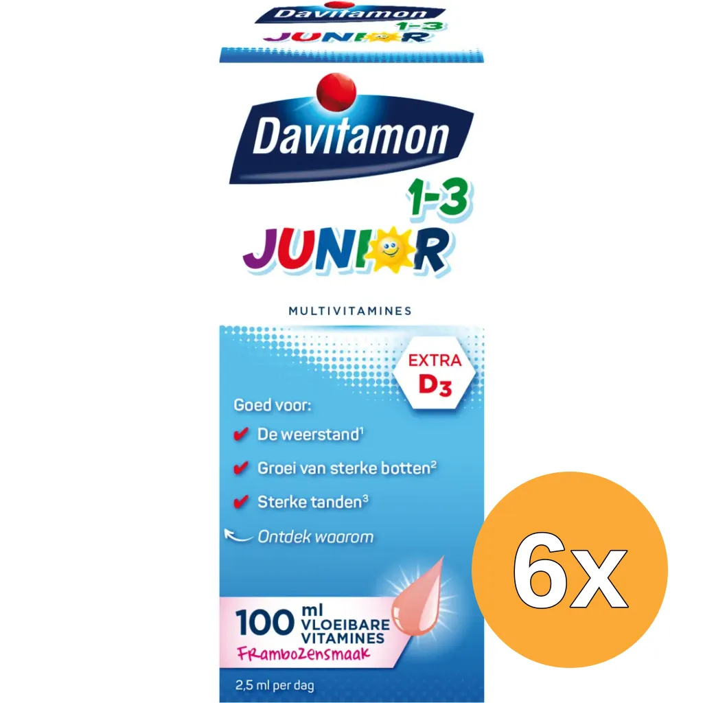 6x Davitamon Junior 1+ vloeibare vitamines framboos (100 ml)