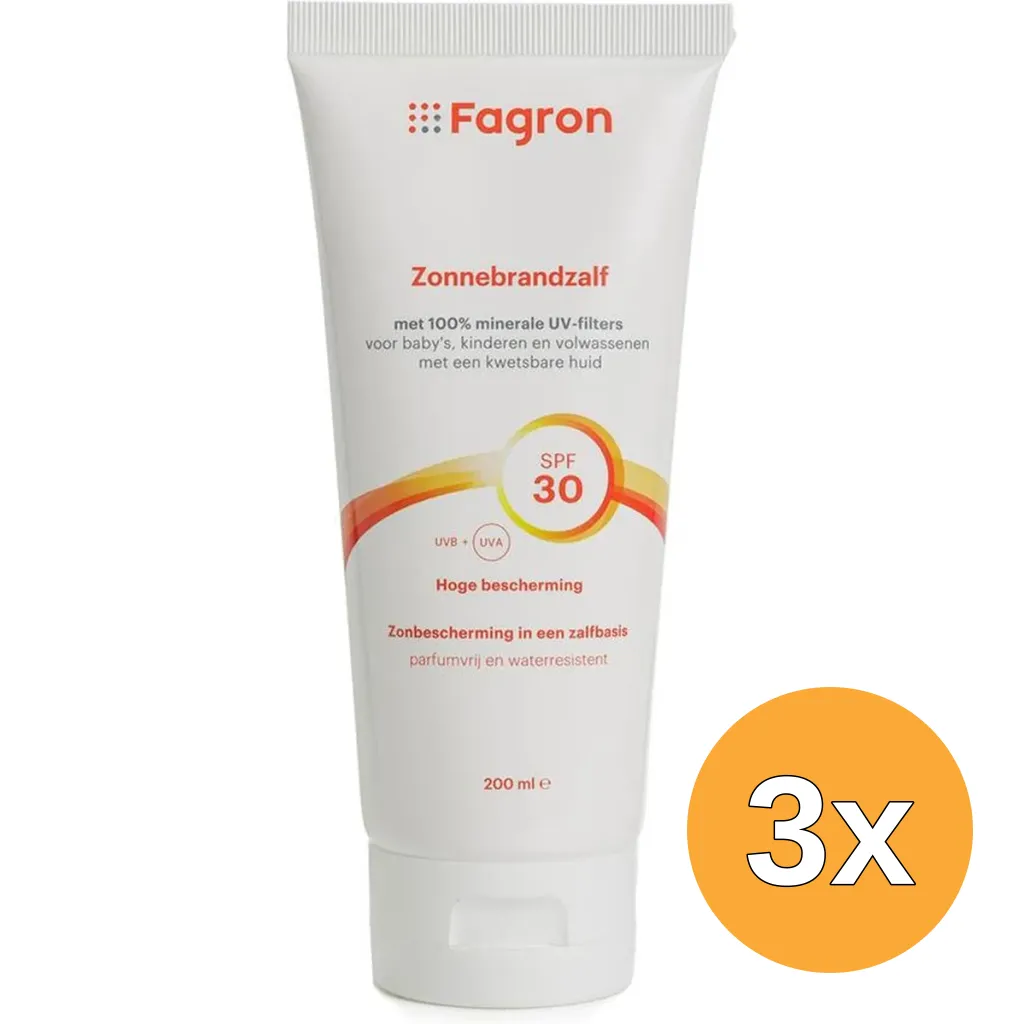 3x Fagron Zonnebrand Zalf SPF 30 100% Minerale UV Filters (200 ml)