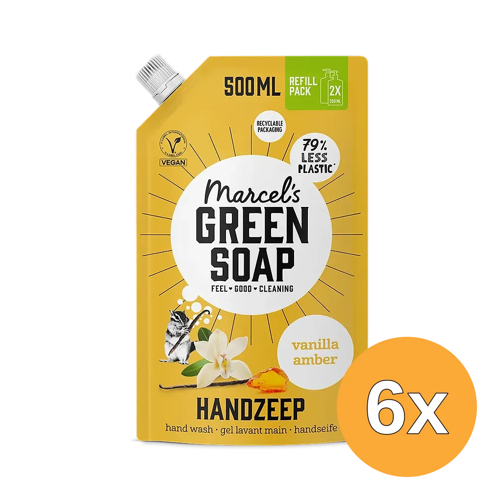 6x Marcel's Green Soap Handzeep Vanille & Amber Navulling (500 ml)