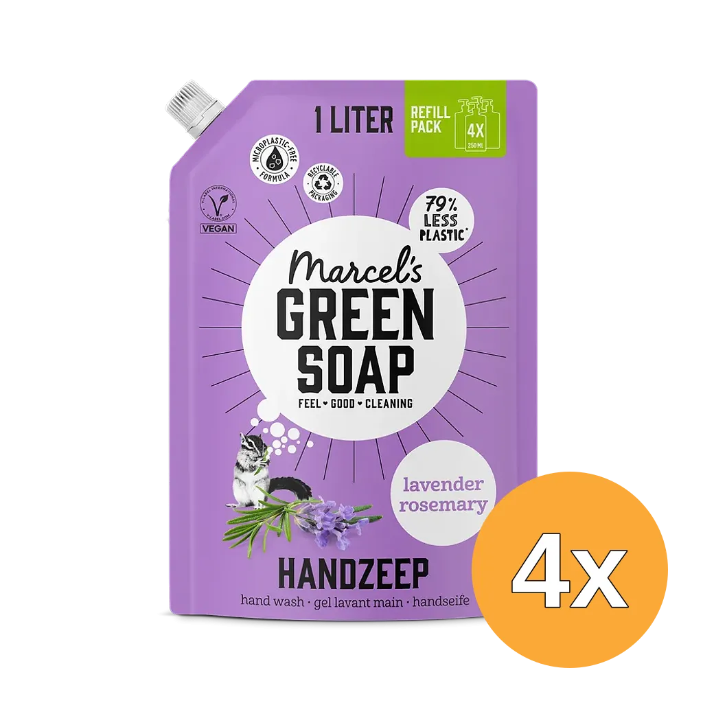 4x Marcel's Green Soap Handzeep lavendel & rozemarijn Navulverpakking (1000 ml)