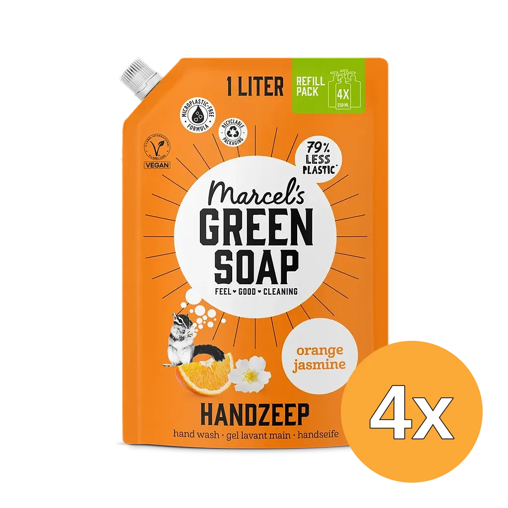 4x Marcel's Green Soap Handzeep sinaasappel & jasmijn Navulverpakking (1000 ml)