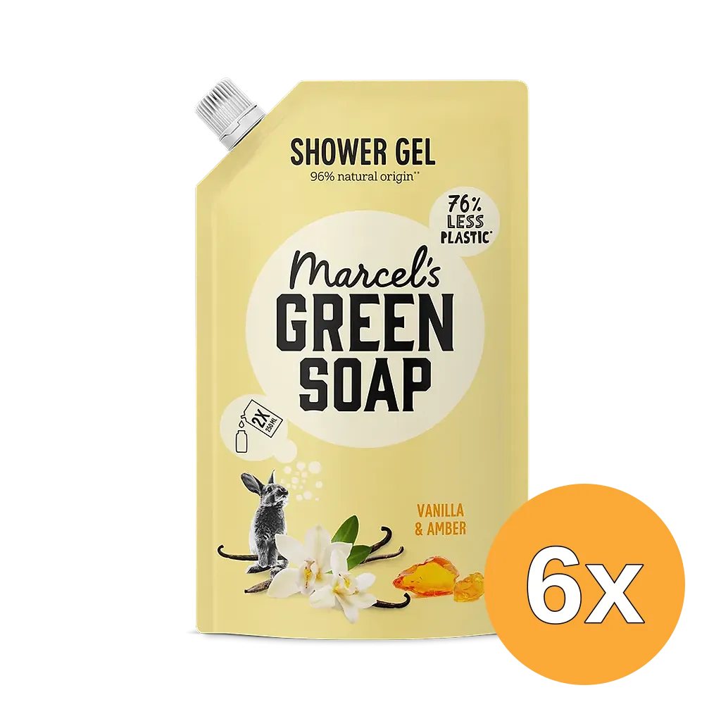6x Marcel's Green Soap Shower Gel Vanilla & Amber Navulling (500 ml)