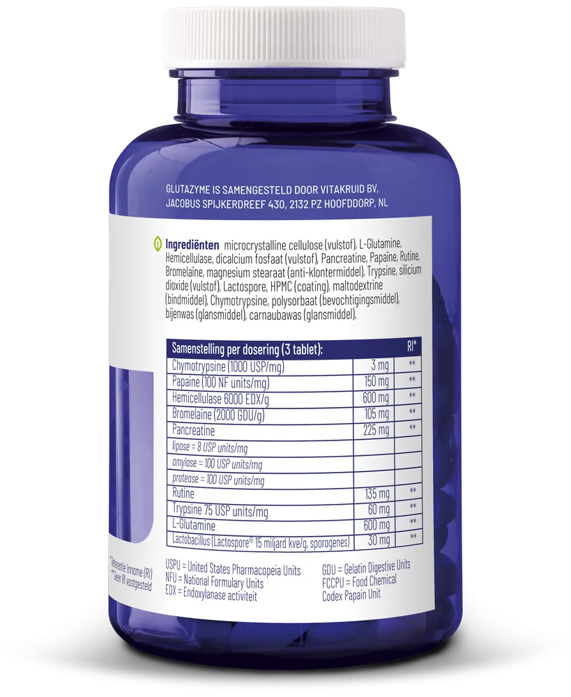 Vitakruid Glutazyme Spijsverteringsenzymen en L-Glutamine (180 tabletten) - image 2