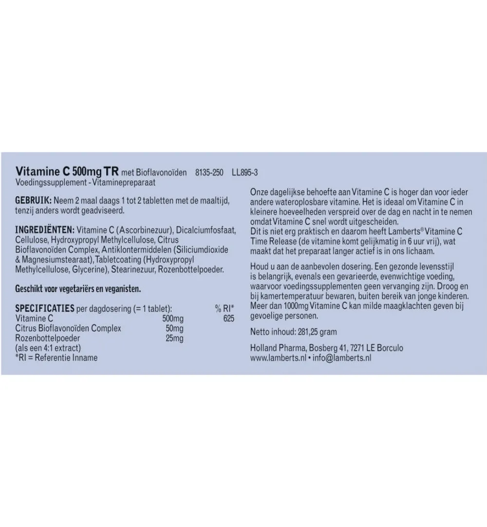 Lamberts Vitamine C 500 time released & bioflavonoiden (250 tabletten)