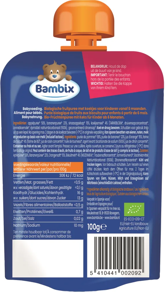 Bambix Bio Knijpzakje Appel, Banaan, Sinaasappel & Koekjes 6+ (100 gr)