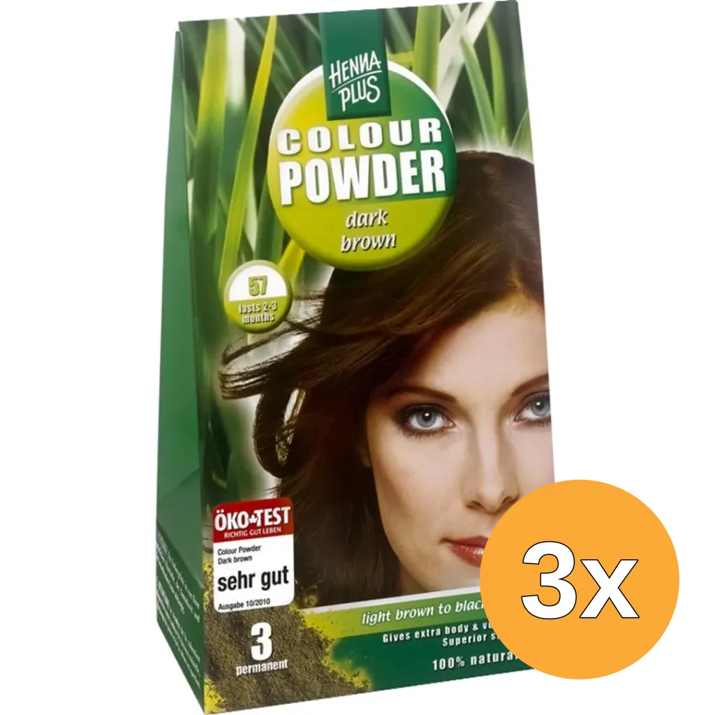 3x Hennaplus Colour powder 57 dark brown (100 gr)
