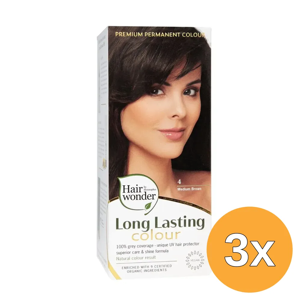 3x Hairwonder Long Lasting Colour 4 Medium Brown (100 ml)