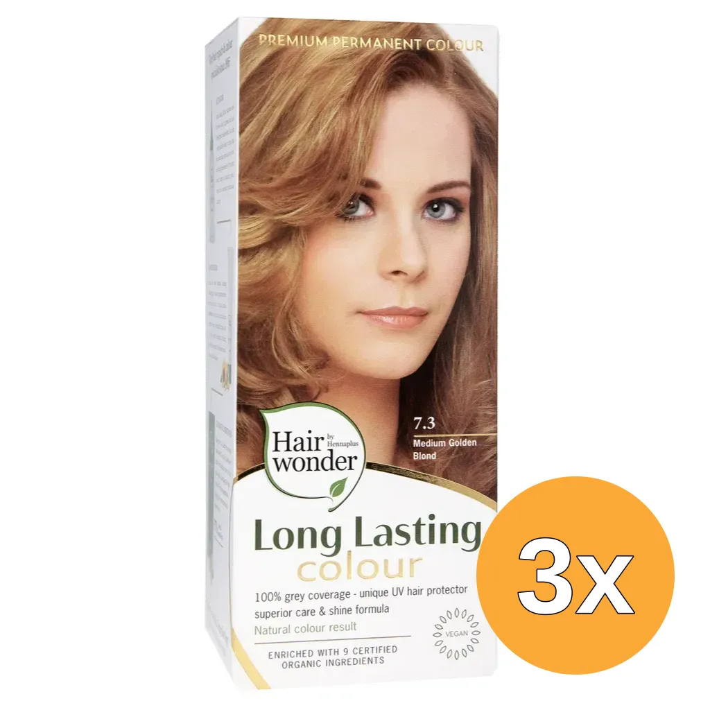 3x Hairwonder Long Lasting Colour 7.3 Medium Golden Blond (100 ml)