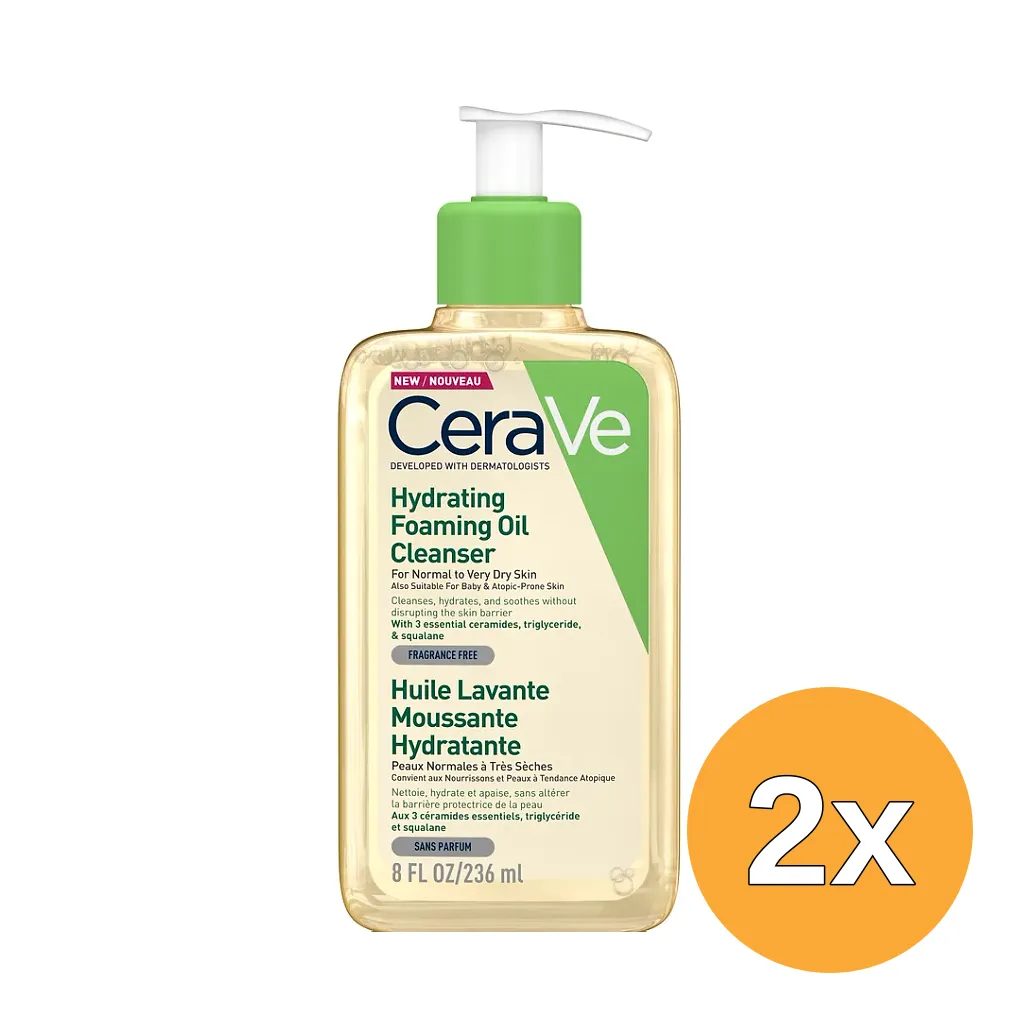 2x Cerave Hydrating Foaming Oil Cleanser - voor Normale tot (zeer) Droge Huid - voor Gezicht en Lichaam (236 ml)