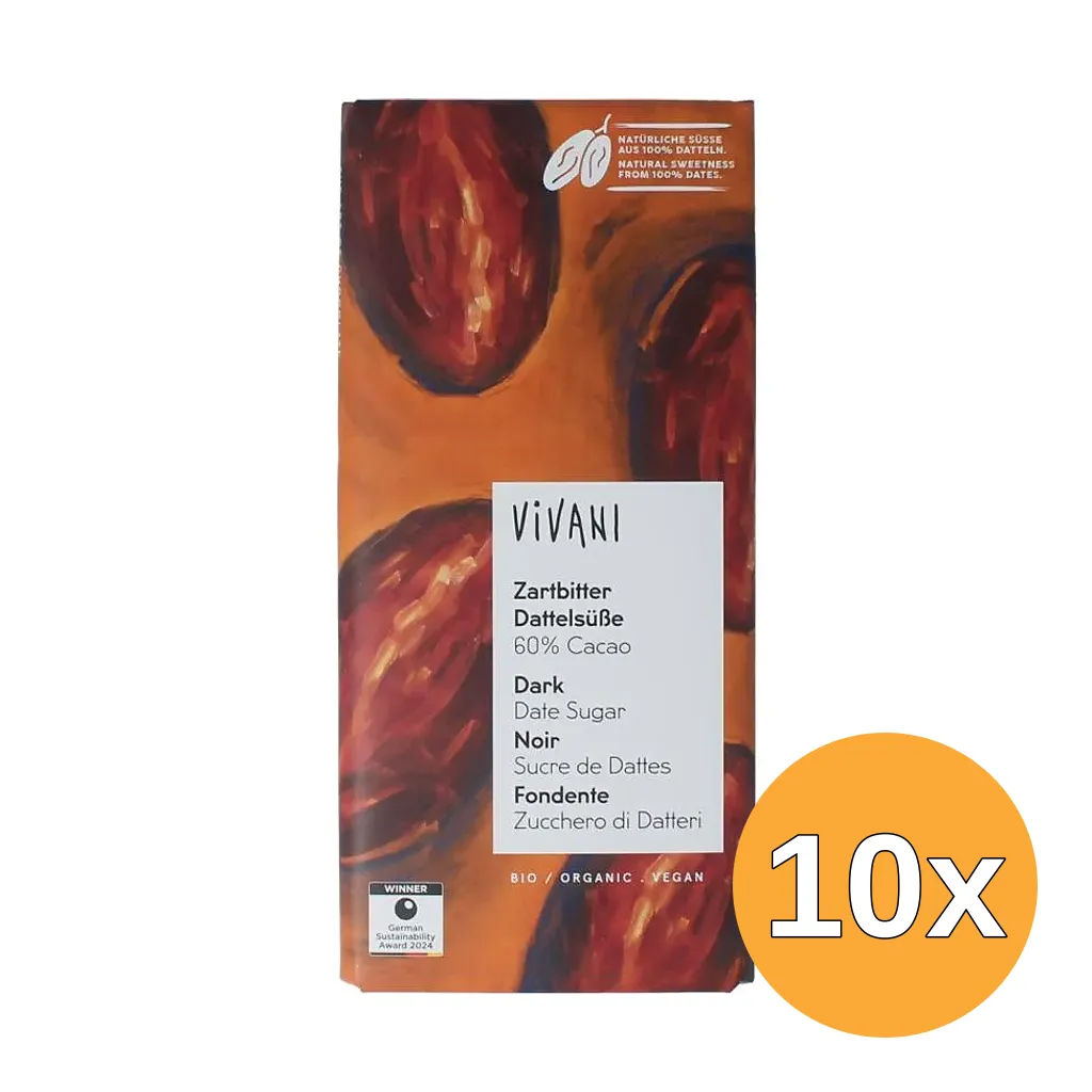 10x Vivani Chocolade Puur 60% Dadel Gezoet Bio (80 gr)