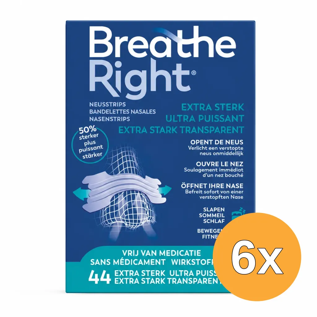 6x Breathe Right Neusstrips Transparant Extra Sterk (44 stuks)