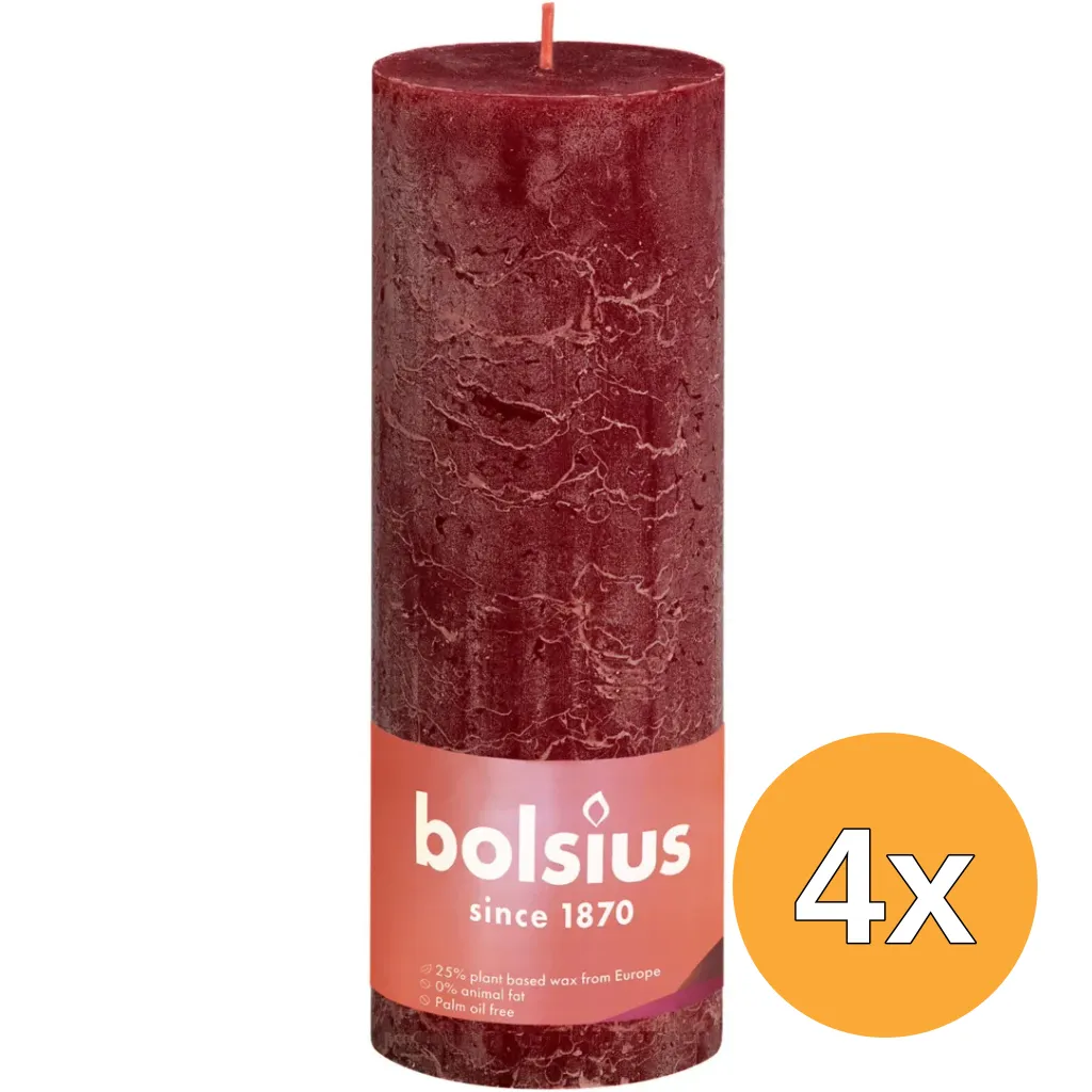 4x Bolsius Rustiekkaars Shine 190/68 Velvet Red (1 stuk)