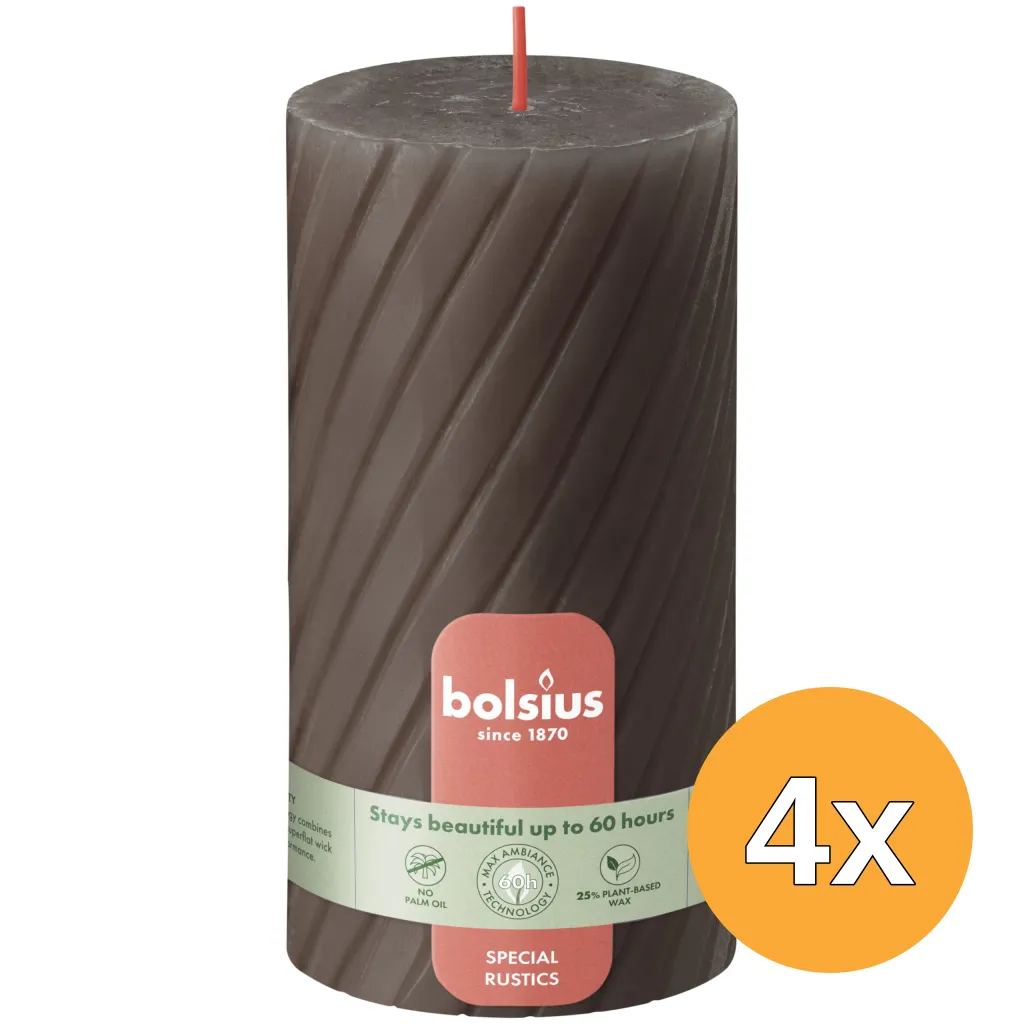 4x Bolsius Rustiek twist stompkaars 130/68 Rustic Taupe (1 stuk)