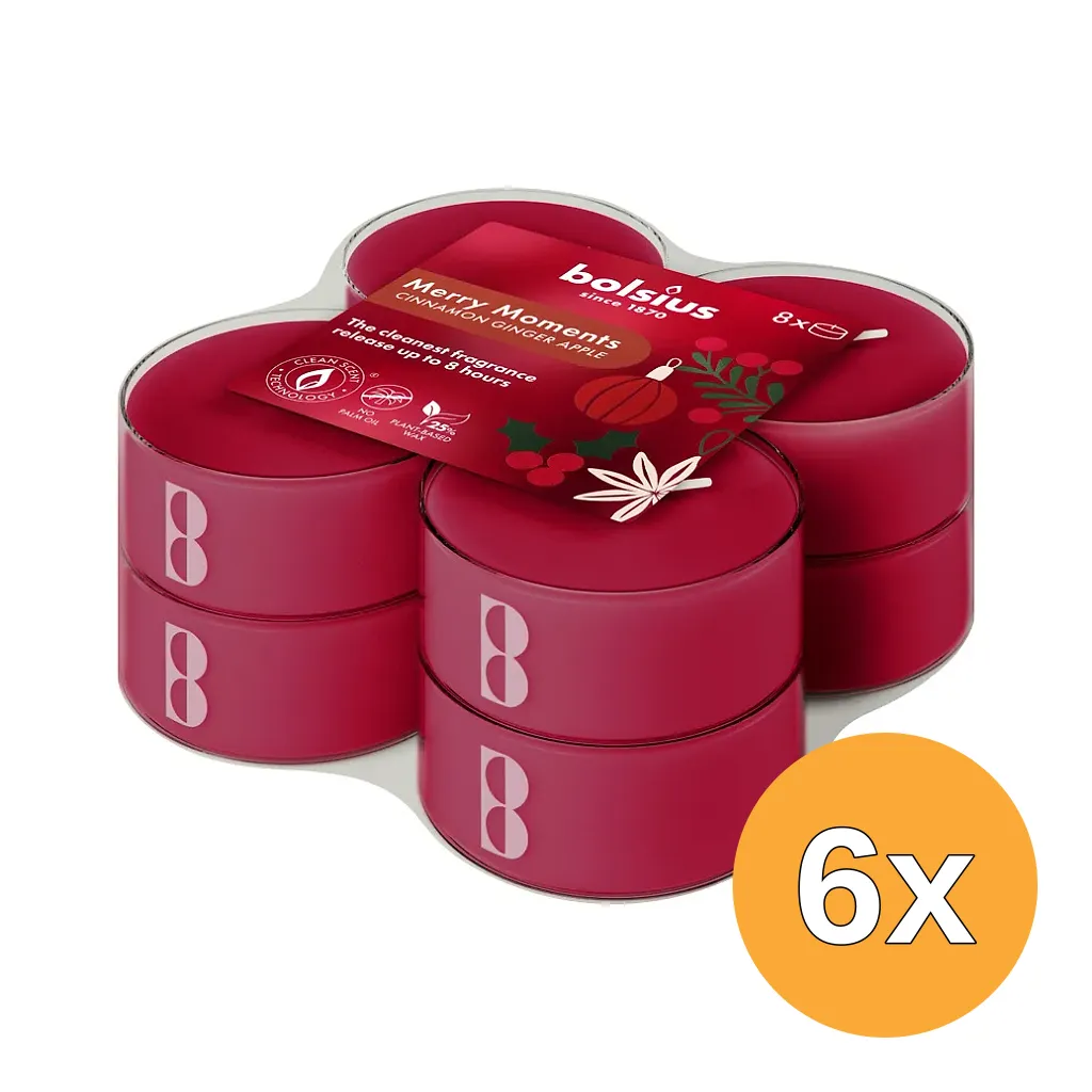 6x Bolsius Maxilichten clear cup 8u True Glow Merry Moments (8 stuks)