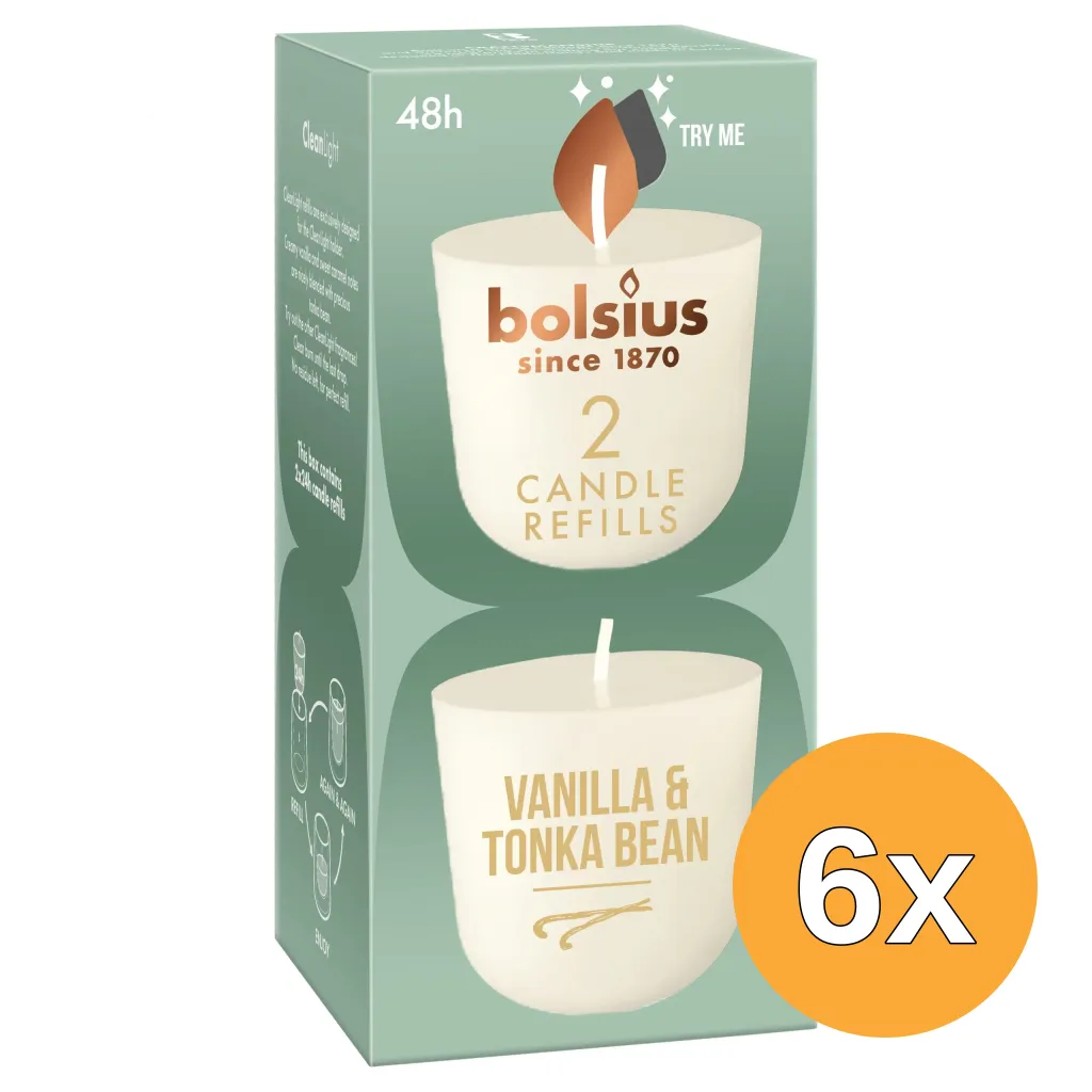 6x Bolsius Navulling Clean Light pack 2 Vanille & Tonkaboon (2 stuks)