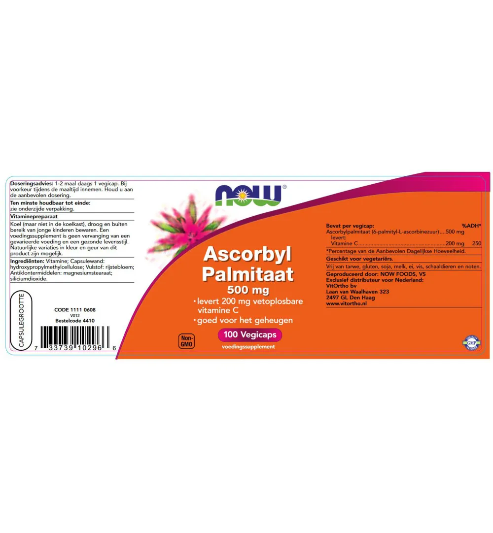 Now Ascorbyl palmitaat 500 mg (100 vega capsules)