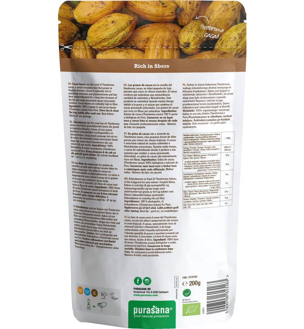 Purasana Cacao Bonen/Feves Vegan Bio (200 gr)