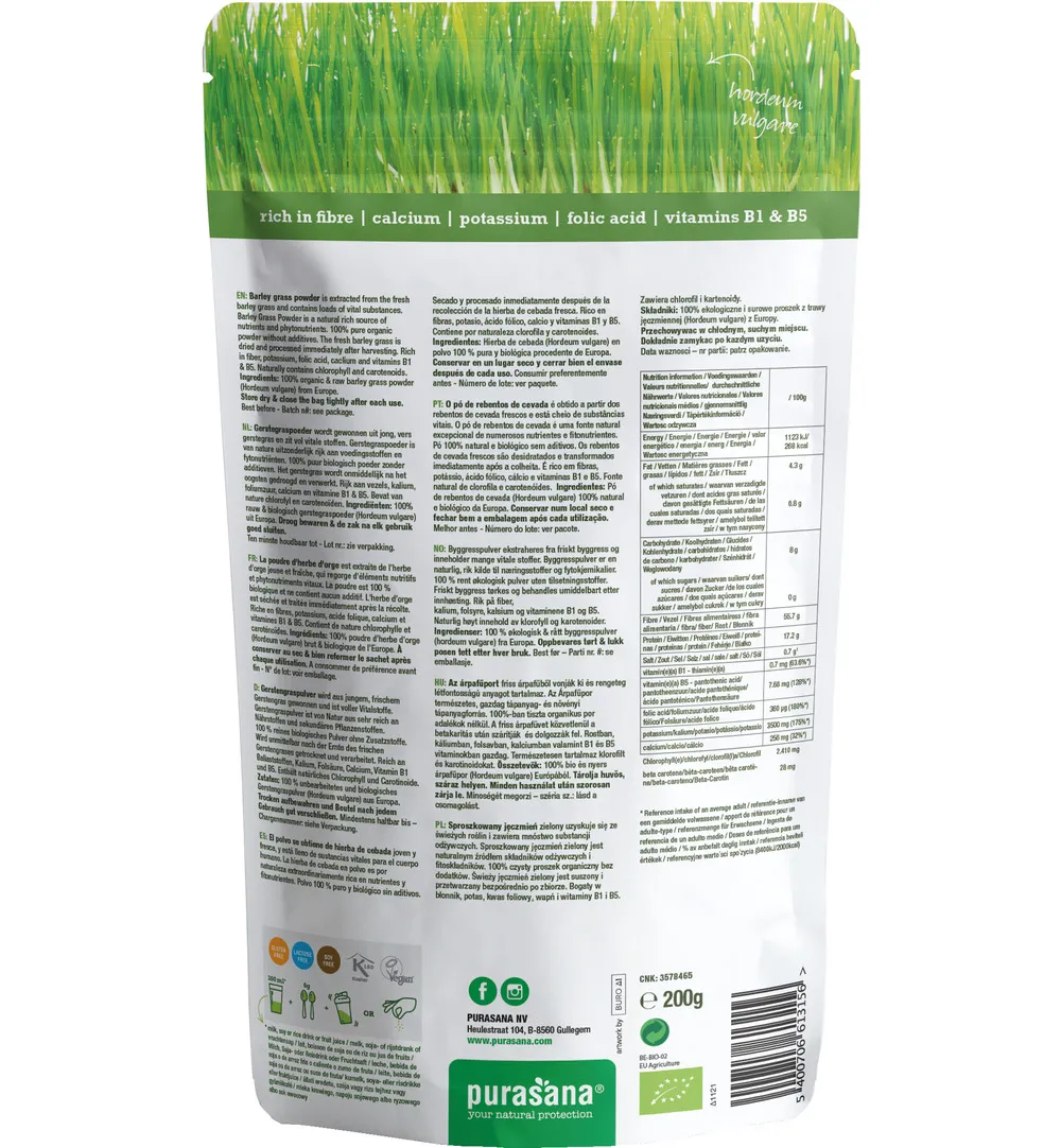 Purasana Gerstegras Poeder/Poudre Herbe D'Orge Vegan Bio (200 gr)