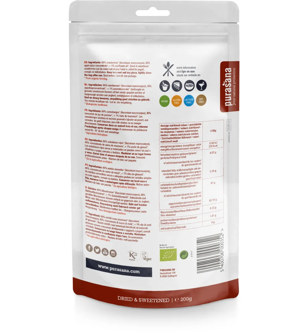 Purasana Veenbessen Cranberries Vegan Bio (200 gr)