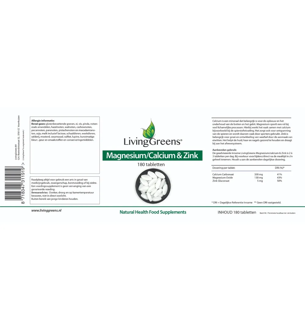 LivingGreens Magnesium calcium zink (180 tabletten)
