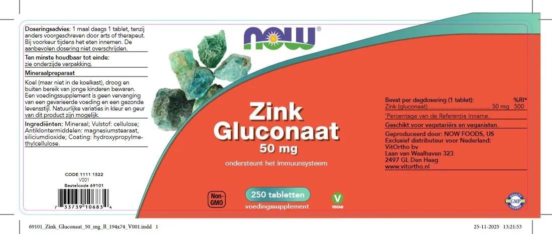 Now Zink Gluconaat 50 mg (250 tabletten)